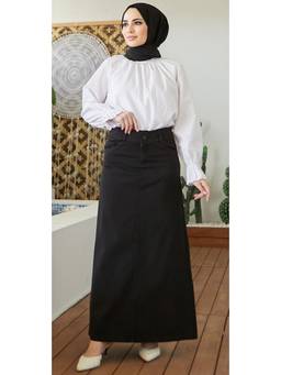 Tripursundari Fashion - Black A-Line Full-Length Maxi Denim High Waist Zip Closure Skirt