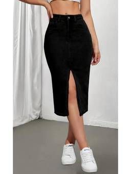 Tripursundari Fashion - Black Straight Long Denim Side Pockets and Zip High Waist Skirt