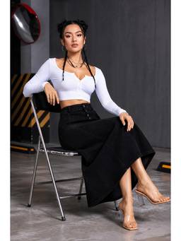 Tripursundari Fashion - Black A-Line Maxi Denim High Waist Buttoned Skirt
