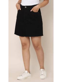Tripursundari Fashion - Black Straight Mini Denim High Waist Button and Zip Closure Skirt