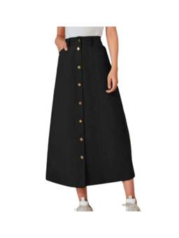 Tripursundari Fashion - Black A-Line Midi Denim High Waist Button Front Elegant Long Skirt