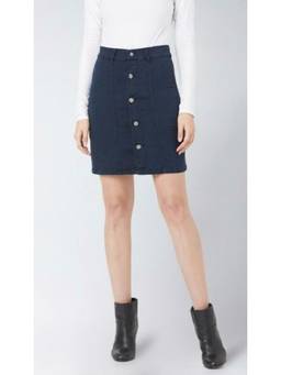 Tripursundari Fashion - Navy Blue Mini Denim High Waist Straight Fit Button Front Skirt