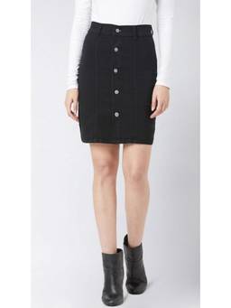 Tripursundari Fashion - Black Washed Mini Denim High Waist Straight Fit Button Front Skirt