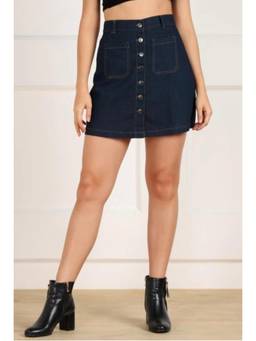 Tripursundari Fashion - Navy Blue Mini Denim Straight Fit, Buttoned and Front Pocket Skirt