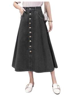 Tripursundari Fashion - Washed Black A-Line Maxi Denim High Waist Buttoned Long Skirt