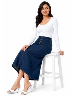 Tripursundari Fashion - Plus Size Navy Blue A-Line Maxi Denim High Waist Buttoned Long Skirt