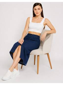 Tripursundari Fashion - Navy Blue Straight Long Denim High Waist Solid Skirt