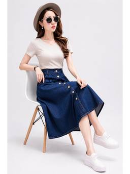 Tripursundari Fashion - Navy Blue A-Line Midi Denim High Waist Buttoned Casual Skirt