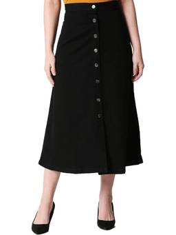Tripursundari Fashion - Black A-Line Maxi Denim High Waist Buttoned Stylish Skirt
