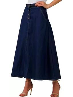 Tripursundari Fashion - Navy Blue A-Line Maxi Denim High Waist Buttoned with Side Pockets Skirt