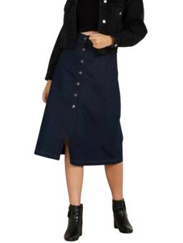 Tripursundari Fashion - Navy Blue Straight Fit Midi Denim High Waist Buttoned Skirt