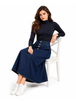 Tripursundari Fashion - Navy Blue A-Line Maxi Denim High Waist Buttoned with 4 Pockets Skirt