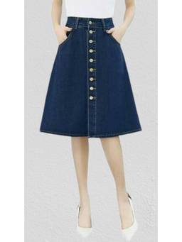 Tripursundari Fashion - Navy Blue A-Line Midi Denim High Waist Buttoned Skirt