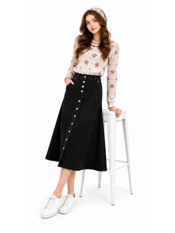 Tripursundari Fashion - Black A-Line Midi Denim High Waist Buttoned with 4 Pockets Skirt