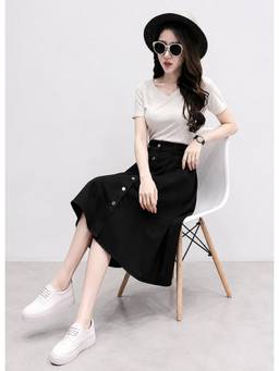 Tripursundari Fashion - Black A-Line Midi Denim High Waist Buttoned Skirt