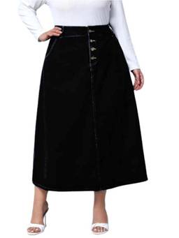 Tripursundari Fashion - Plus Size Black A-Line Midi Denim High Waist Buttoned Skirt