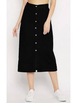 Tripursundari Fashion - Black Straight Long Denim High Waist Buttoned Skirt