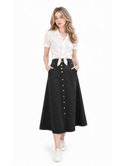 Tripursundari Fashion - Washed Black A-Line Midi Denim with Pockets High Waist Skirt