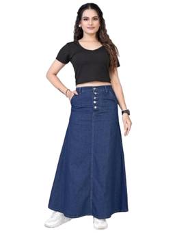 Tripursundari Fashion - Navy Blue 5-Button A-Line Maxi Denim High Waist Skirt