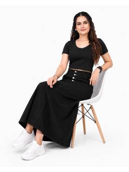 Tripursundari Fashion - Black 5-Button A-Line Maxi Denim High Waist Skirt