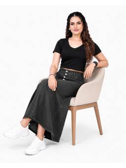 Tripursundari Fashion - Washed Black 5-Button A-Line Maxi Denim High Waist Skirt