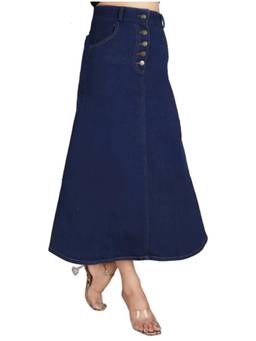 Tripursundari Fashion - Navy Blue A-Line Maxi Denim 5-Button Side Pockets and High Waist Skirt
