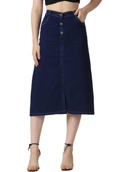 Tripursundari Fashion - Navy Blue Straight Long Denim High Waist with Pockets Skirt