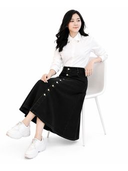 Tripursundari Fashion - Black Open-Front A-Line Maxi Denim High Waist Buttoned Skirt