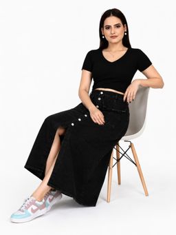 Tripursundari Fashion - Black A-Line Maxi Denim High Waist with Full Length Skirt