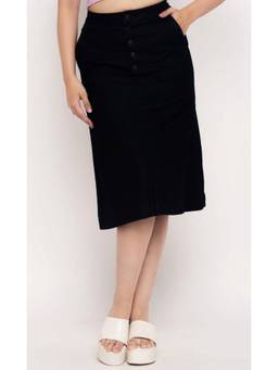 Tripursundari Fashion - Black A-Line Long Denim High Waist Side Pockets Button Front Skirt