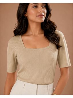 BRINNS - Beige Women Ribbed Sleeveless Fitted Top