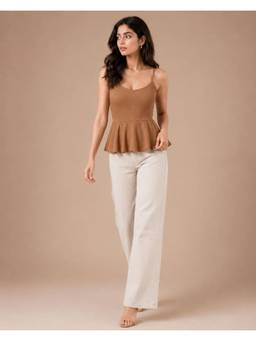 BRINNS - Brown Women Textured Shoulder Strap Peplum Top