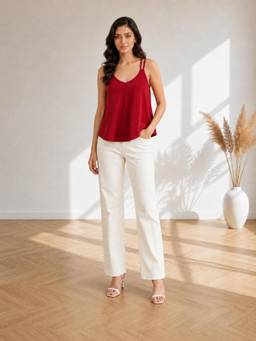 BRINNS - Maroon Women Solid V-Neck Relaxed Fit Cami Top