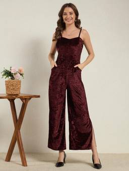 VAARARO - Burgundy Women Crushed Velvet Sleeveless Sweetheart Neck Jumpsuit