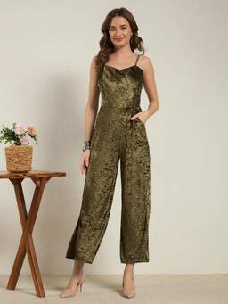 VAARARO - Olive Women Crushed Velvet Sleeveless Sweetheart Neck Jumpsuit