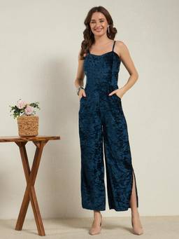 VAARARO - Navy Blue Women Crushed Velvet Sleeveless Sweetheart Neck Jumpsuit
