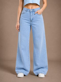 VBEAUTI - Women Straight Leg Streatchable Ice Blue High Rise Jeans