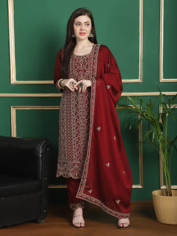 Stylee LIFESTYLE - Red Georgette Embroidered Unstitched Salwar Suit (Set of 3)