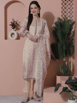 Stylee LIFESTYLE - Cream Satin Digital Printed Unstitched Salwar Suit (Set of 3)