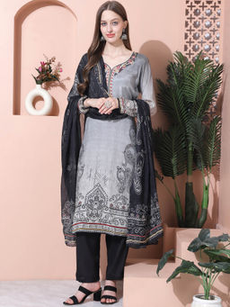 Stylee LIFESTYLE - Grey Muslin Embroidered Unstitched Salwar Suit (Set of 3)
