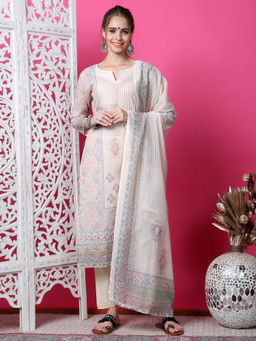 Stylee LIFESTYLE - Beige Cotton Digital Printed Unstitched Salwar Suit (Set of 3)