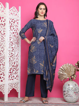Stylee LIFESTYLE - Navy Blue Muslin Digital Printed Unstitched Salwar Suit (Set of 3)