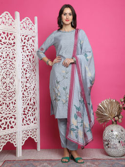 Stylee LIFESTYLE - Grey Muslin Digital Printed Unstitched Salwar Suit (Set of 3)