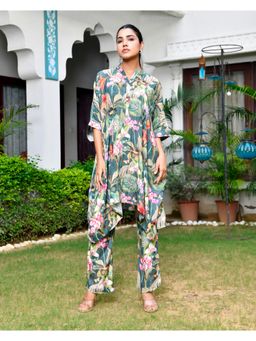 Vaasva Jaipur - Women Green Relaxed Floral Kaftan with Pant (Set of 2)