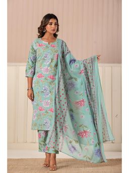 Do Dhaage - Women Green Regular Floral Kurta with Pant and Dupatta (Set of 3)