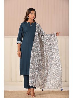 Do Dhaage - Women Navy Blue Regular Solid Kurta with Pant and Dupatta (Set of 3)