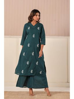 Do Dhaage - Women Navy Blue A-Line Embroidered Kurta with Palazzo (Set of 2)