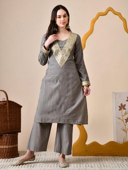 MYSHKA - Women Grey Straight Solid Kurta with Pant (Set of 2)