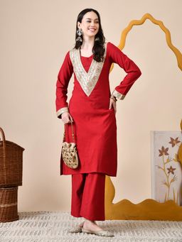 MYSHKA - Women Red Straight Solid Kurta with Pant (Set of 2)