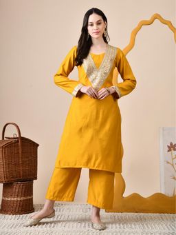 MYSHKA - Women Mustard Straight Solid Kurta with Pant (Set of 2)